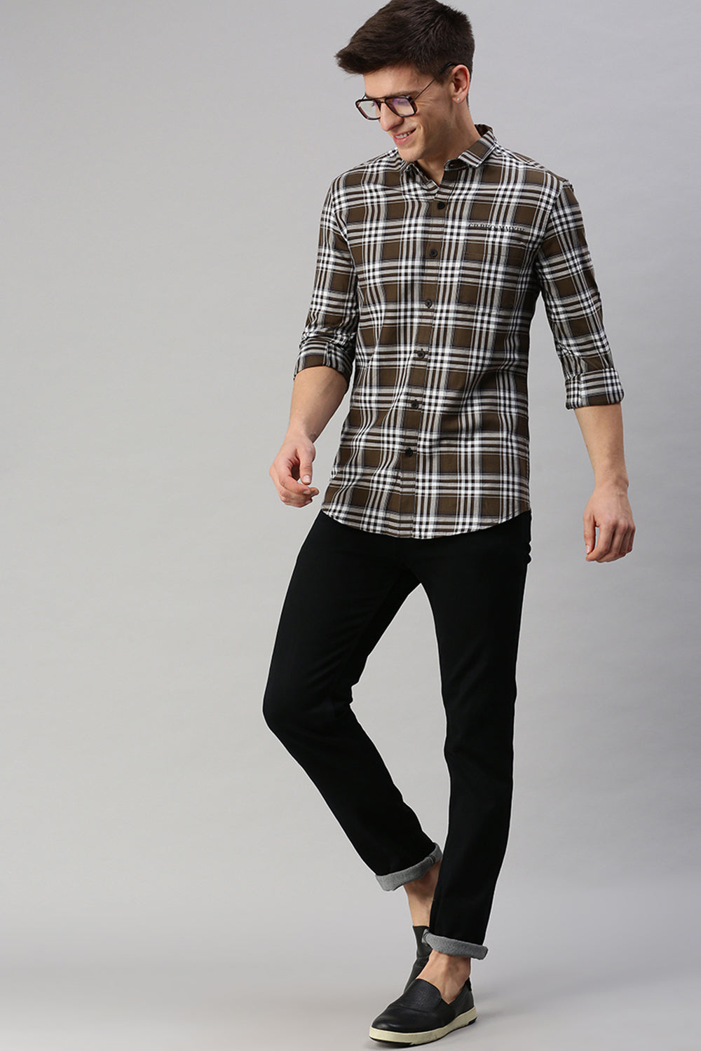 CP BRO Men's Cotton Full Sleeve Checked Slim Fit Collar Neck Brown Color Woven Shirt | Sbo1-04 B