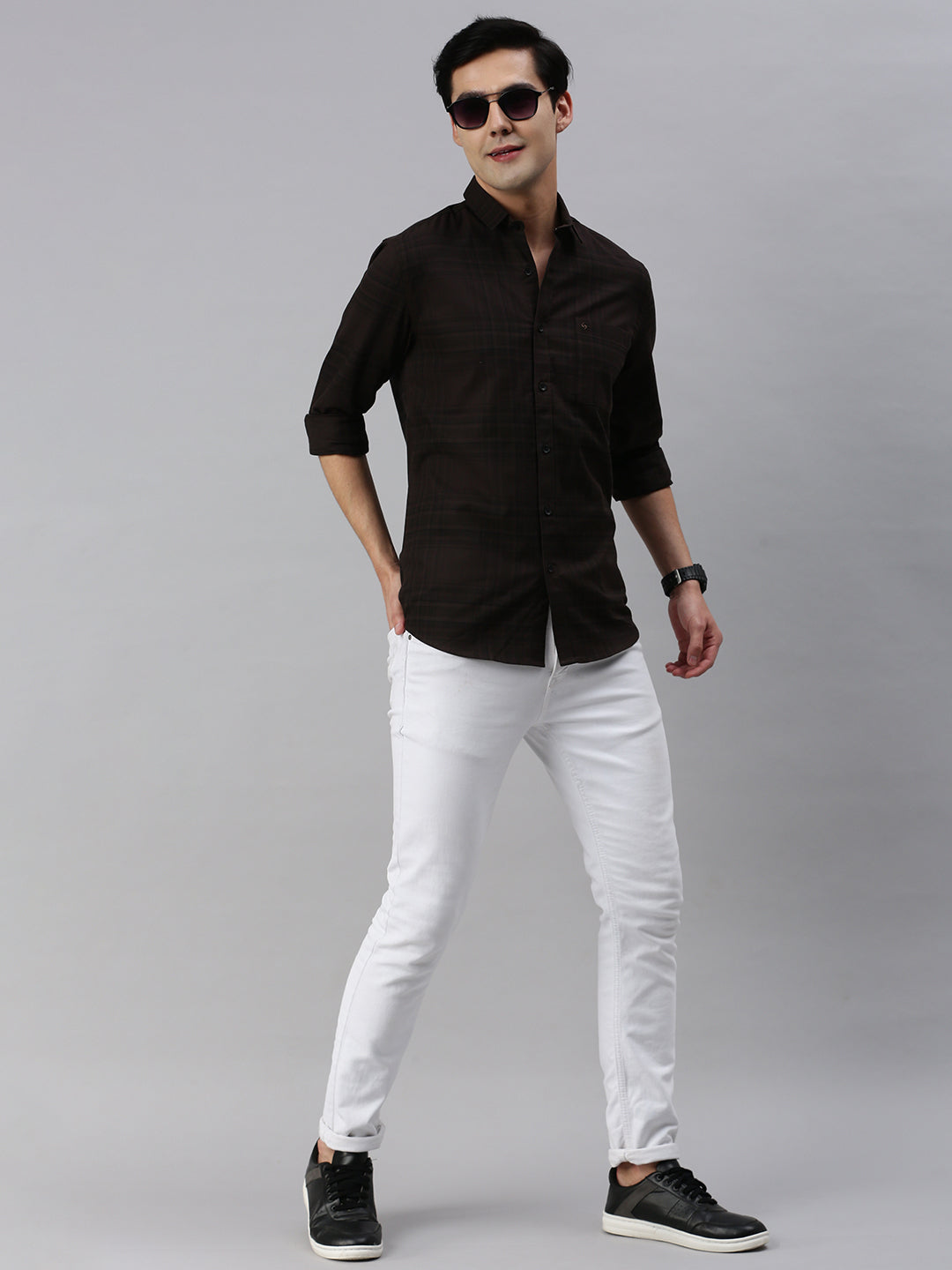 Classic Polo Men's Cotton Full Sleeve Checked Slim Fit Polo Neck Brown Color Woven Shirt | So1-99 A