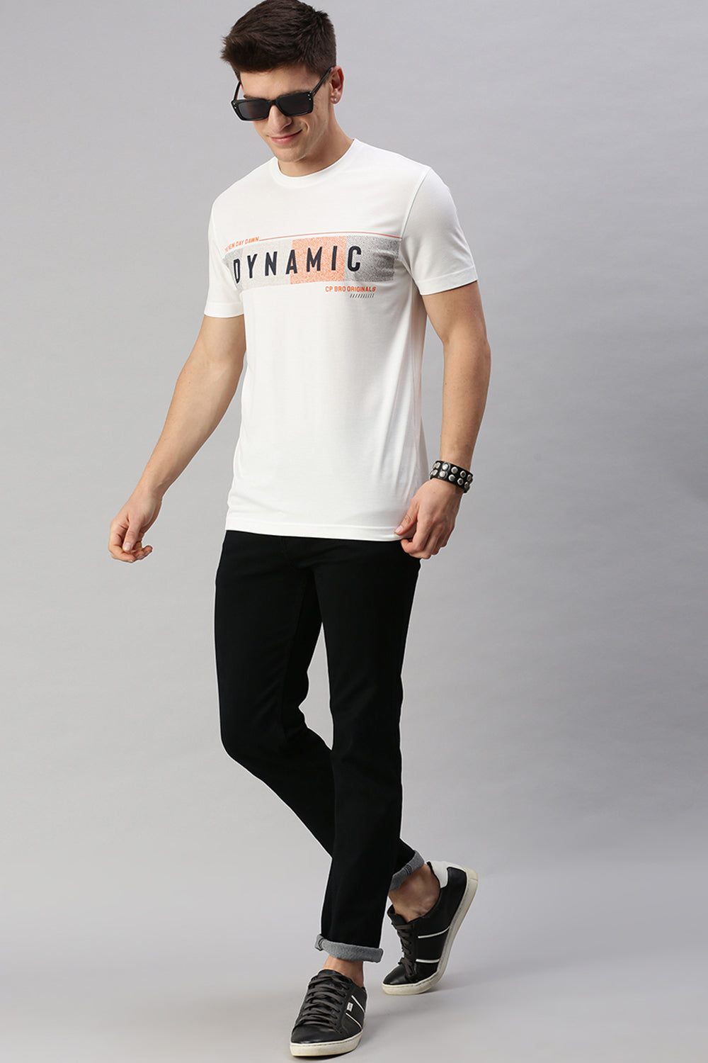 CP BRO Men's Cotton Half Sleeve Printed Slim Fit Crew Neck White Color T-Shirt | Brcn - 536