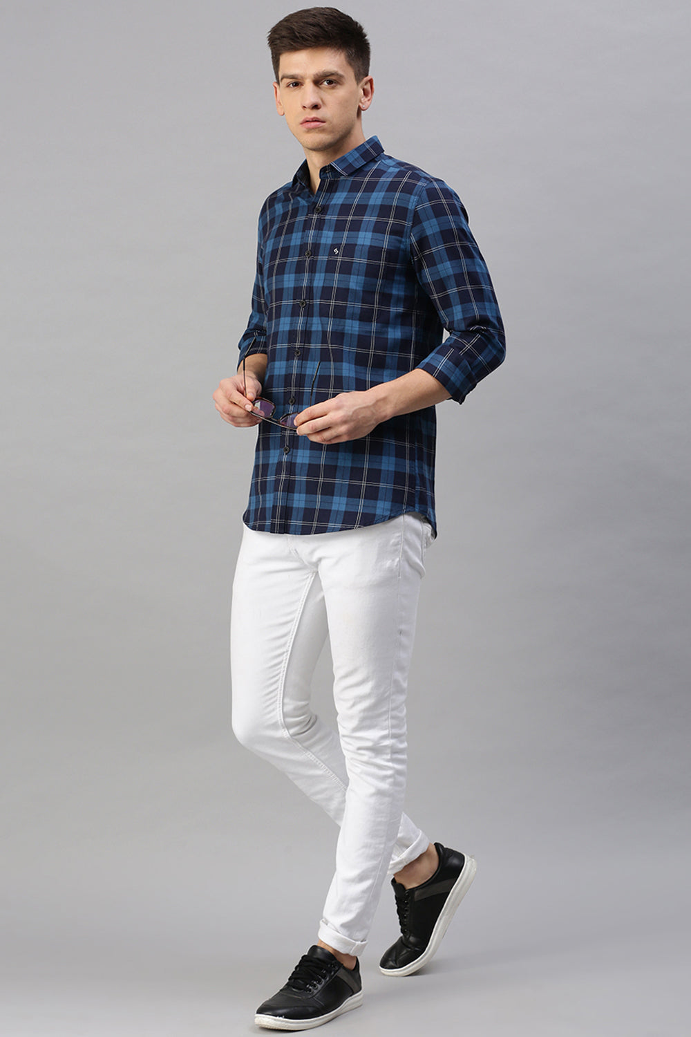 Classic Polo Men's Cotton Half Sleeve Checked Slim Fit Polo Neck Navy Color Woven Shirt | So1-06 A