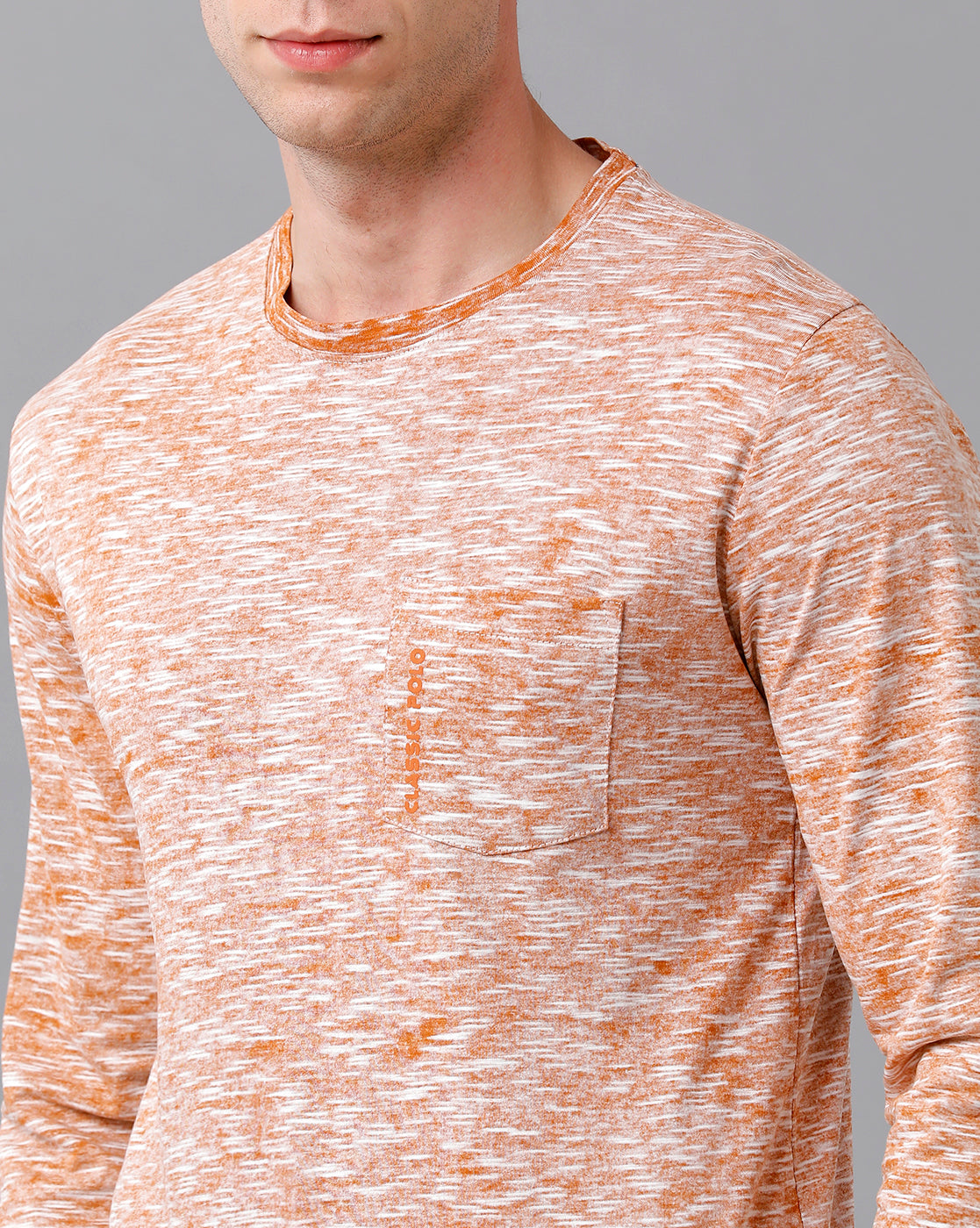 Classic Polo Men's Cotton Self Design Full Sleeve Slim Fit Round Neck Peach Color T-Shirt | Baleno Fs - 481 B