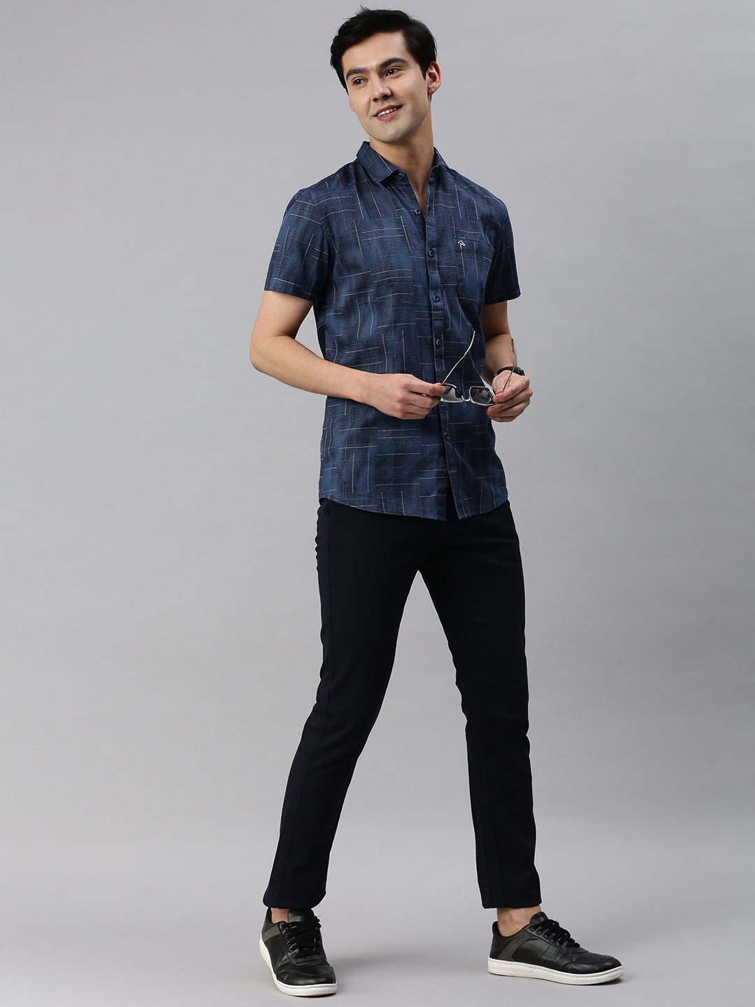 CP BRO Men's Cotton Half Sleeve Printed Slim Fit Collar Neck Navy Blue Color Woven Shirt | Sbo1-09 A
