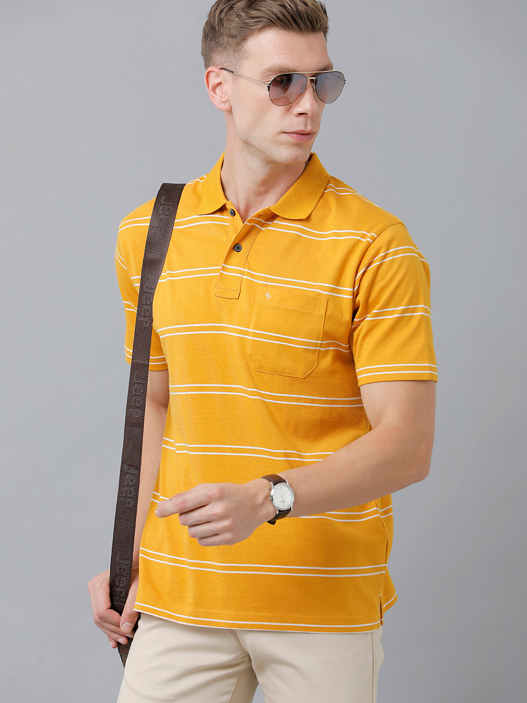 Classic Polo Men's Cotton Blend Half Sleeve Striped Authentic Fit Polo Neck Golden Yellow Color T-Shirt | Avon - 521 B
