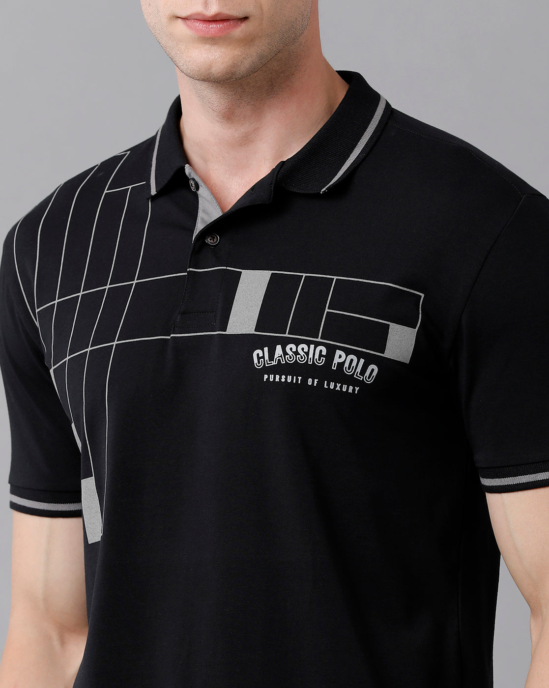 Classic Polo Men's Cotton Printed Half Sleeve Slim Fit Polo Neck Black Color T-Shirt | Prm - 726 A