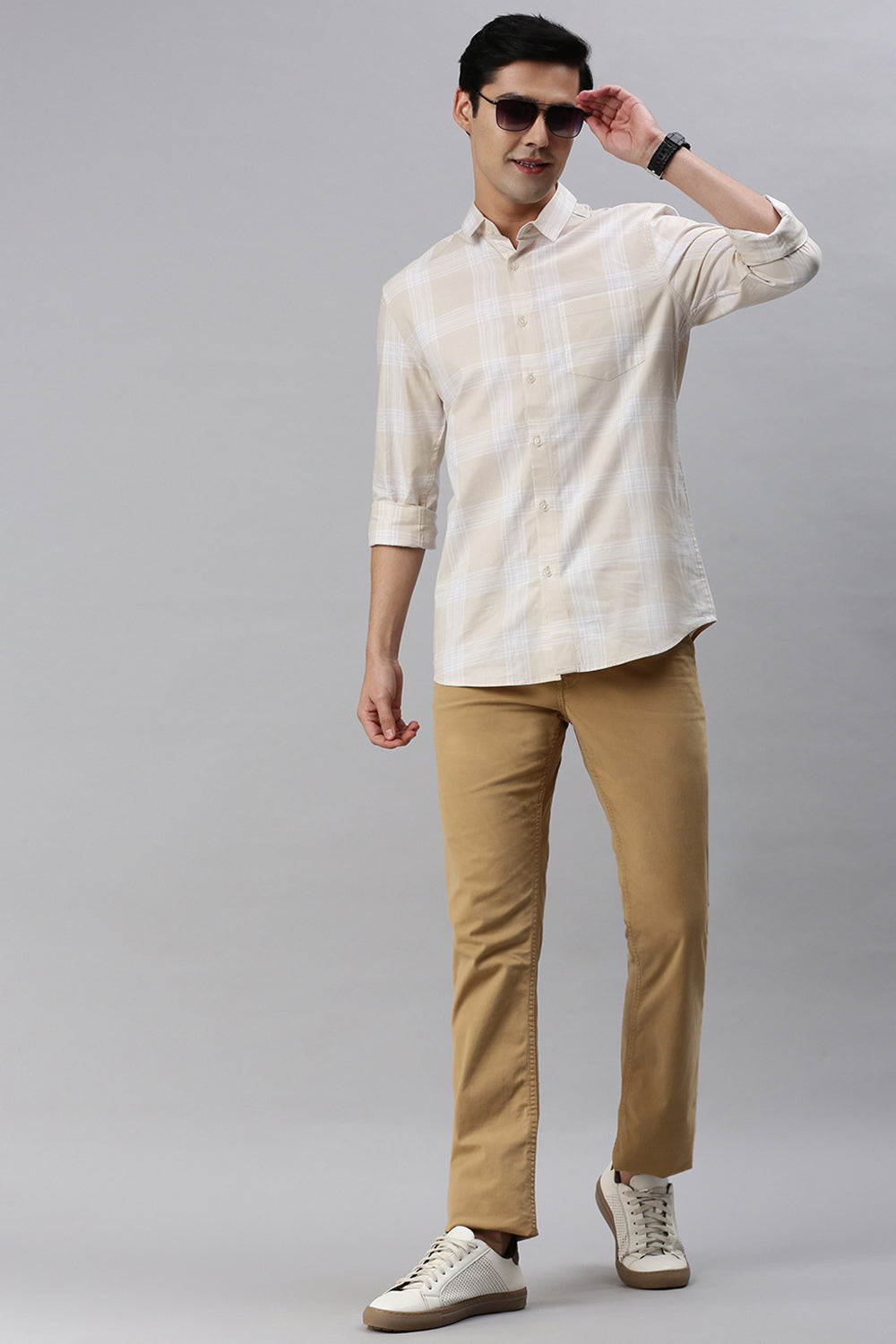 Classic Polo Men's Cotton Full Sleeve Checked Slim Fit Polo Neck Cream Color Woven Shirt | So1-46 B