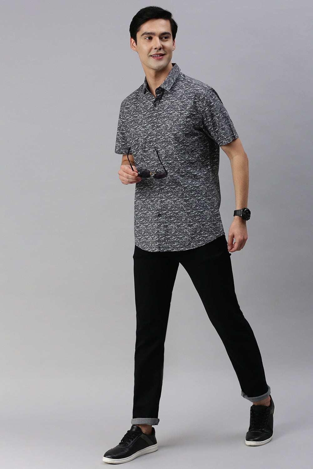 Classic Polo Men's Cotton Half Sleeve Printed Slim Fit Polo Neck Grey Color Woven Shirt | So1-148 B