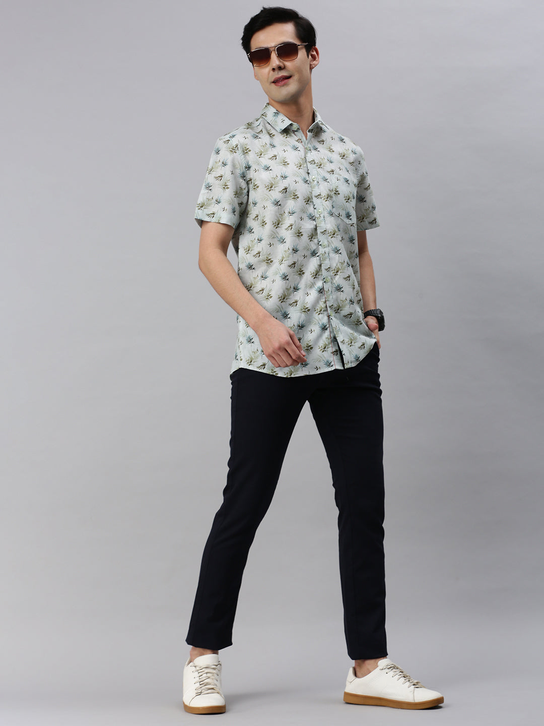 Classic Polo Men's Cotton Half Sleeve Printed Slim Fit Collar Neck Green Color Woven Shirt | So1-28 A