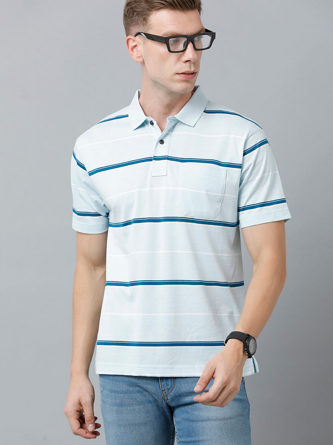 Classic Polo Men's Cotton Blend Half Sleeve Striped Authentic Fit Polo Neck Sky Blue Color T-Shirt | Avon - 520 B