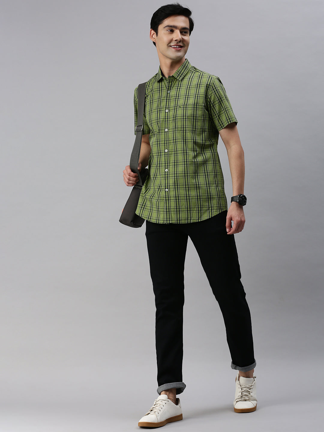 Classic Polo Men's Cotton Half Sleeve Checked Slim Fit Collar Neck Green Color Woven Shirt | So1-166 A
