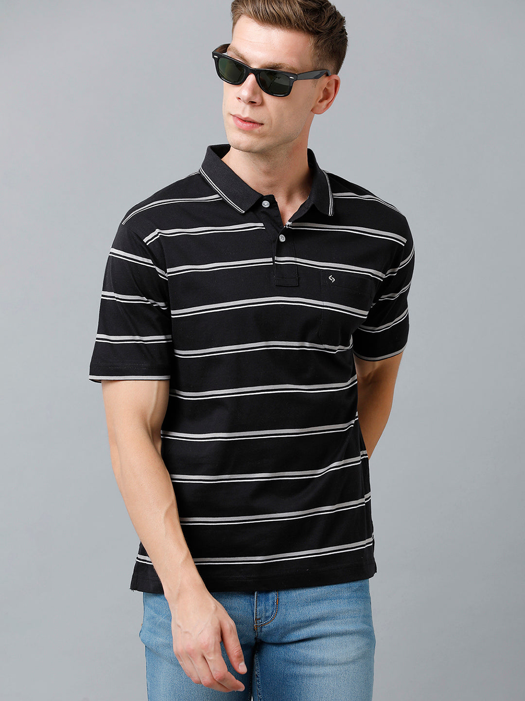 Classic Polo Men's Cotton Half Sleeve Striped Authentic Fit Polo Neck Black Color T-Shirt | Ap - 89 B