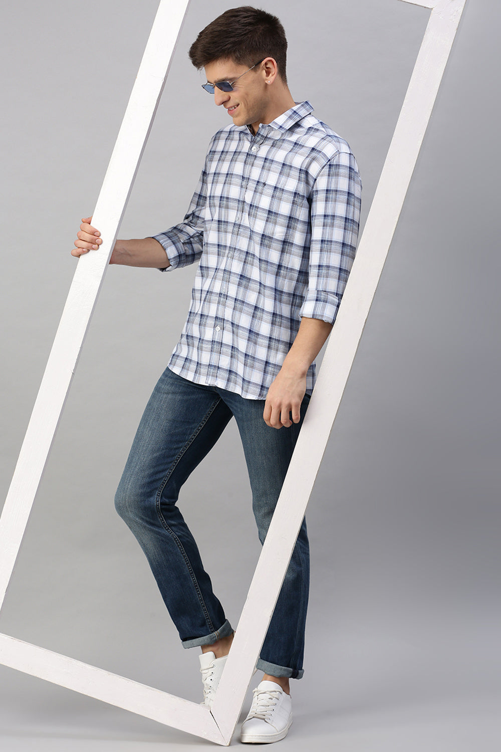 Classic Polo Men's Cotton Full Sleeve Checked Slim Fit Polo Neck Blue Color Woven Shirt | So1-64 A