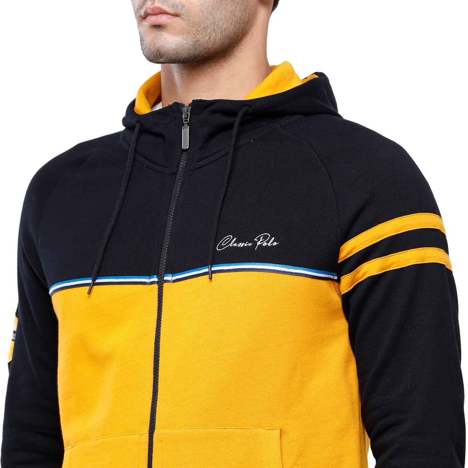 Classic Polo Men's Color Block Full Sleeve Yellow & Black Hood Sweat Shirt - CPSS-330A Sweat Shirts Classic Polo 