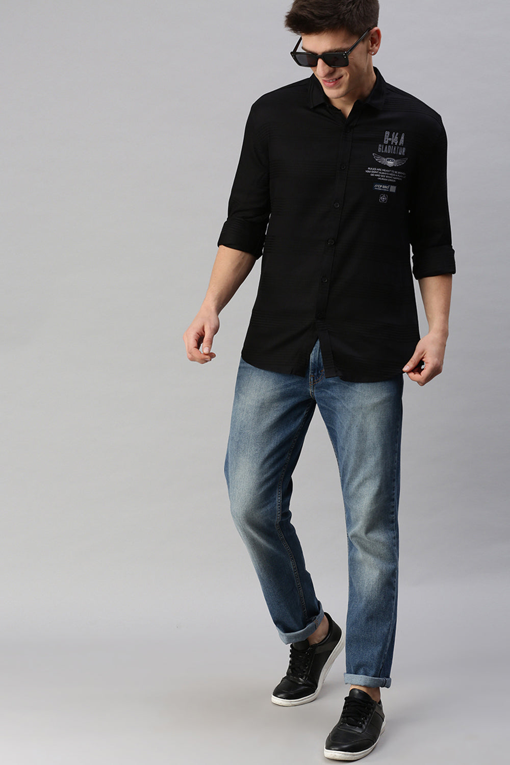 CP BRO Men's Cotton Full Sleeve Striped Slim Fit Collar Neck Black Color Woven Shirt | Sbo1-13 E