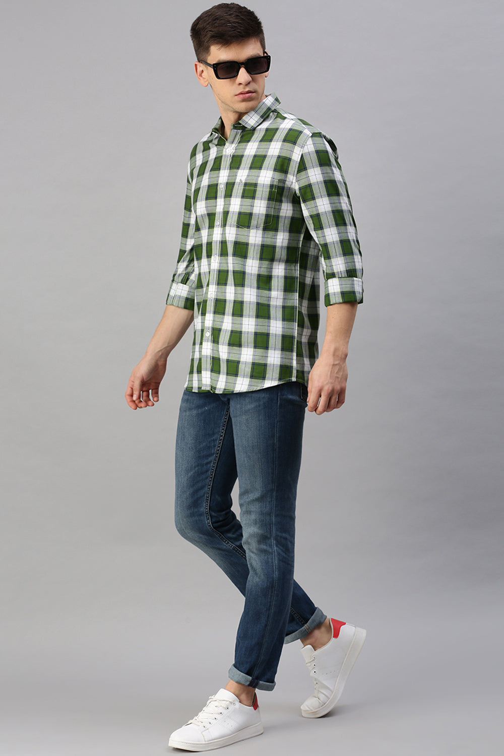 Classic Polo Men's Cotton Full Sleeve Checked Slim Fit Polo Neck Green Color Woven Shirt | So1-65 A