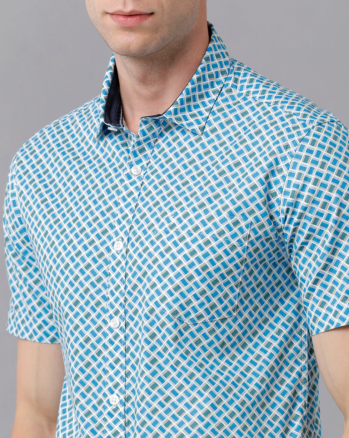 Classic Polo Men's Cotton Printed Half Sleeve Slim Fit Polo Neck Blue Color Woven Shirt | Sfd2- 19