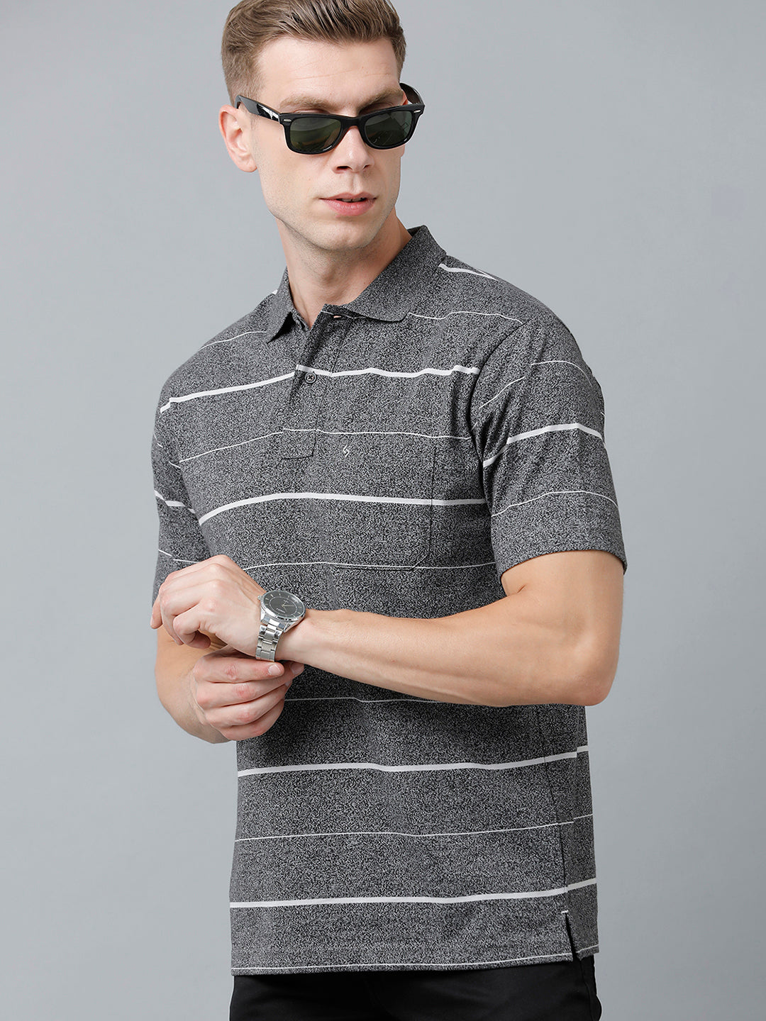 Classic Polo Men's Cotton Blend Half Sleeve Striped Authentic Fit Polo Neck Dark Grey Color T-Shirt | Avon - 529 A