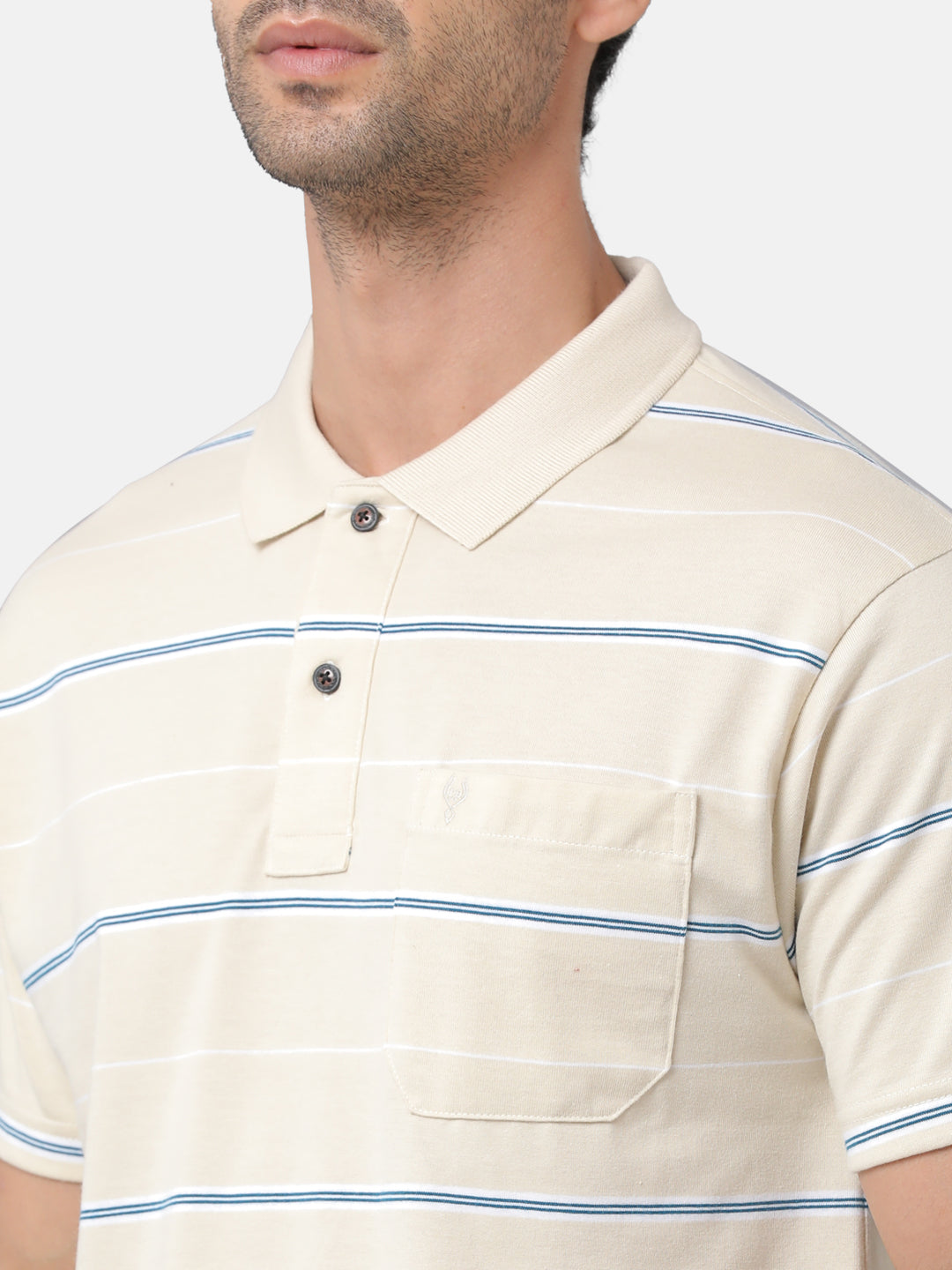 Classic Polo Mens Cotton Blend Striped Authentic Fit Polo Neck Cream Color T-Shirt | Avon 477a