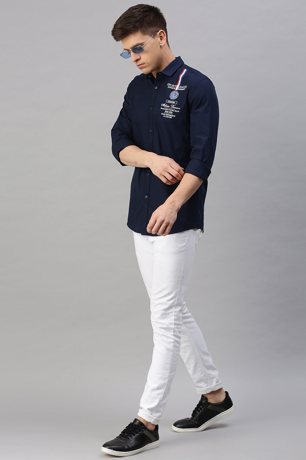 CP BRO Men's Cotton Full Sleeve Solid Slim Fit Polo Neck Navy Color Woven Shirt | Sbo1-58 B