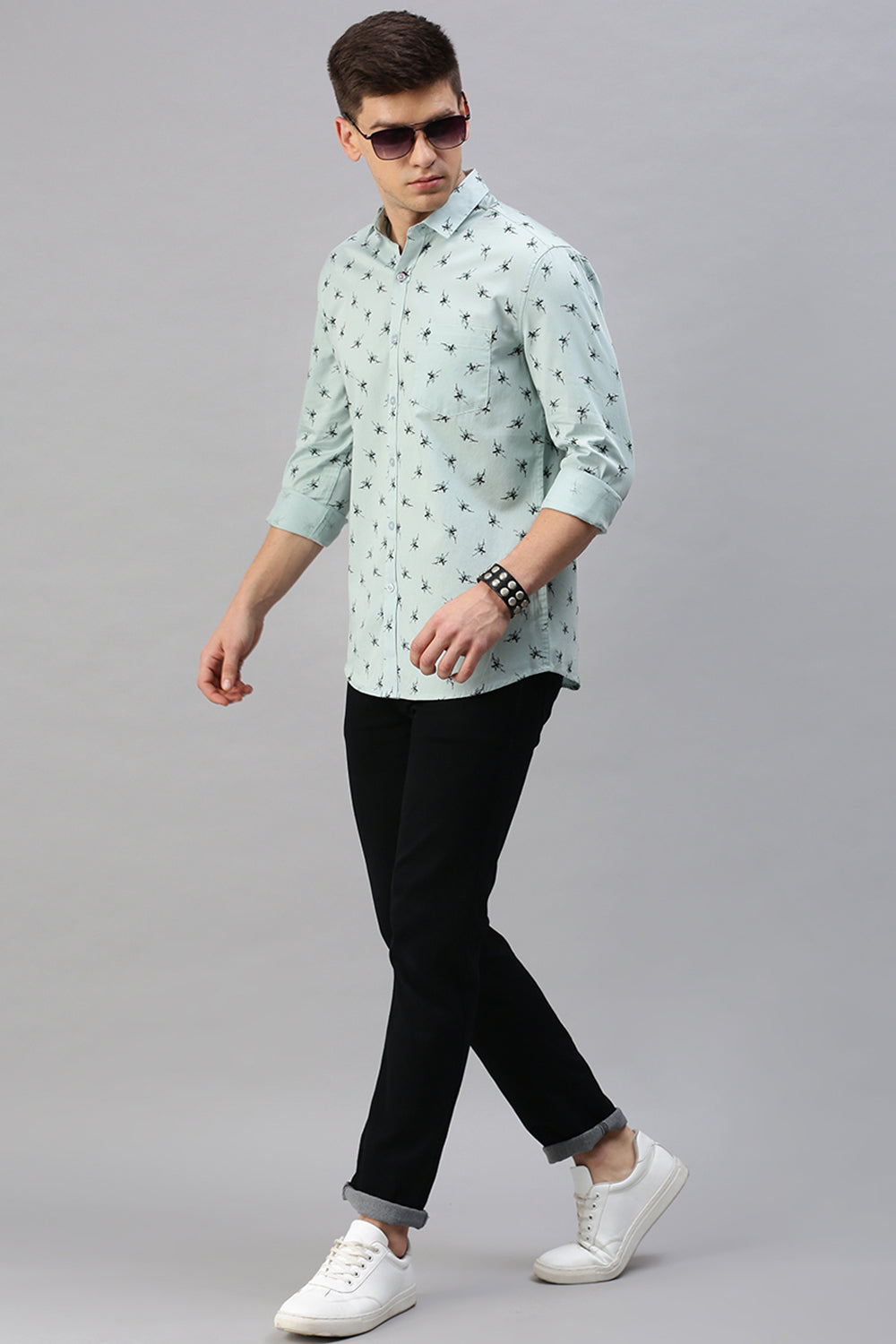 Classic Polo Men's Cotton Full Sleeve Printed Slim Fit Polo Neck Light Blue Color Woven Shirt | So1-13 B