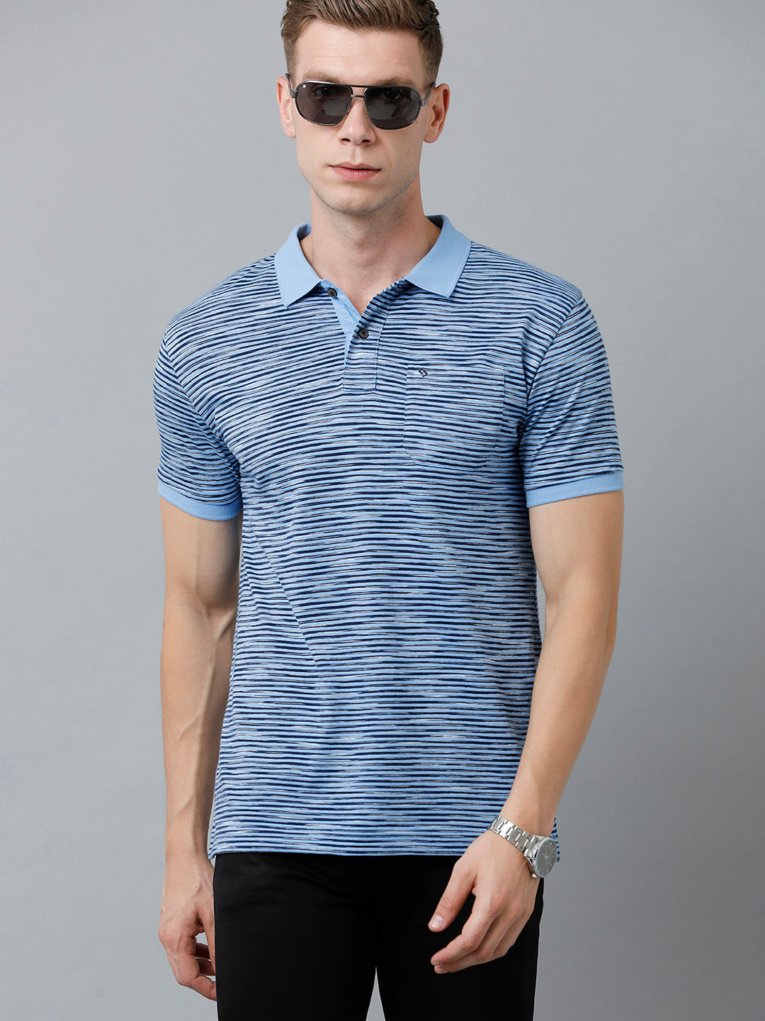 Classic Polo Men's Cotton Half Sleeve Striped Authentic Fit Polo Neck Blue Color T-Shirt | Nexon - 04 B