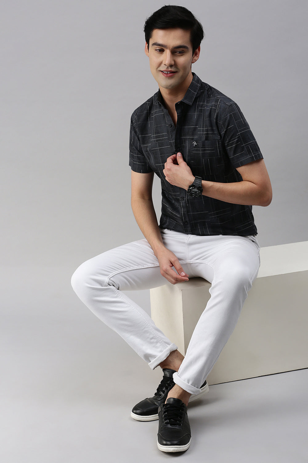 CP BRO Men's Cotton Half Sleeve Printed Slim Fit Polo Neck Black Color Woven Shirt | Sbo1-09 B