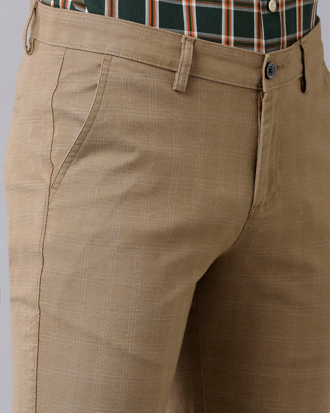 CP BRO Men's Cotton Checked Slim Fit Light Khaki Color Trousers | Tbn2-09 B