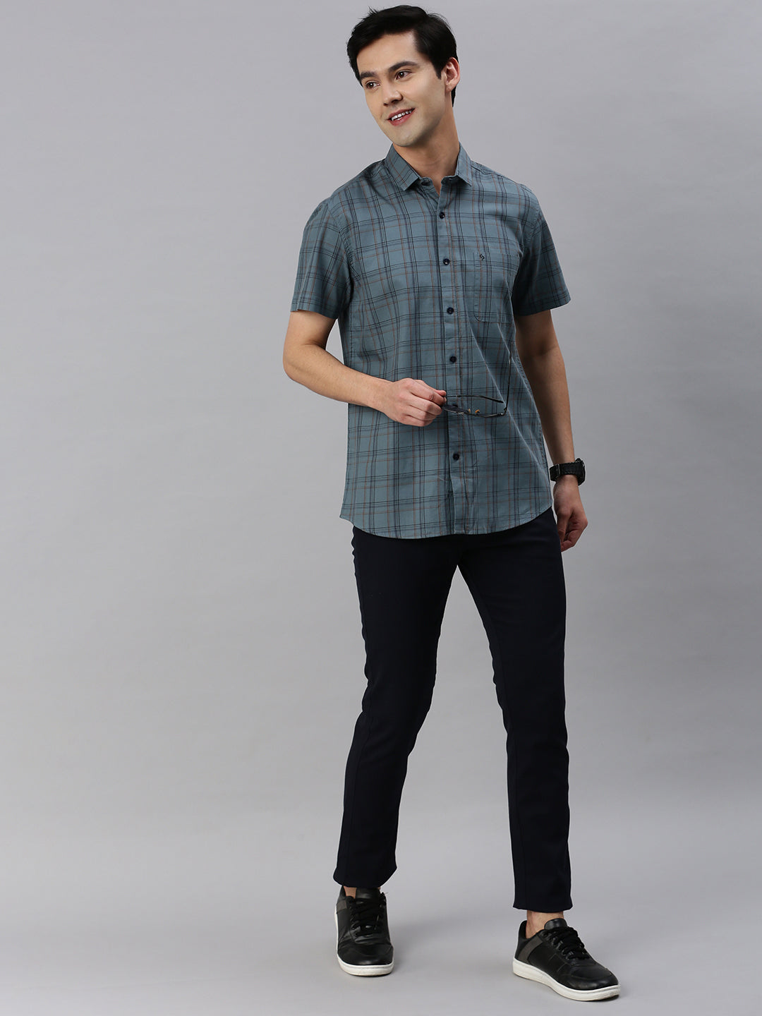 Classic Polo Men's Cotton Half Sleeve Checked Slim Fit Collar Neck Grey Color Woven Shirt | So1-96 C