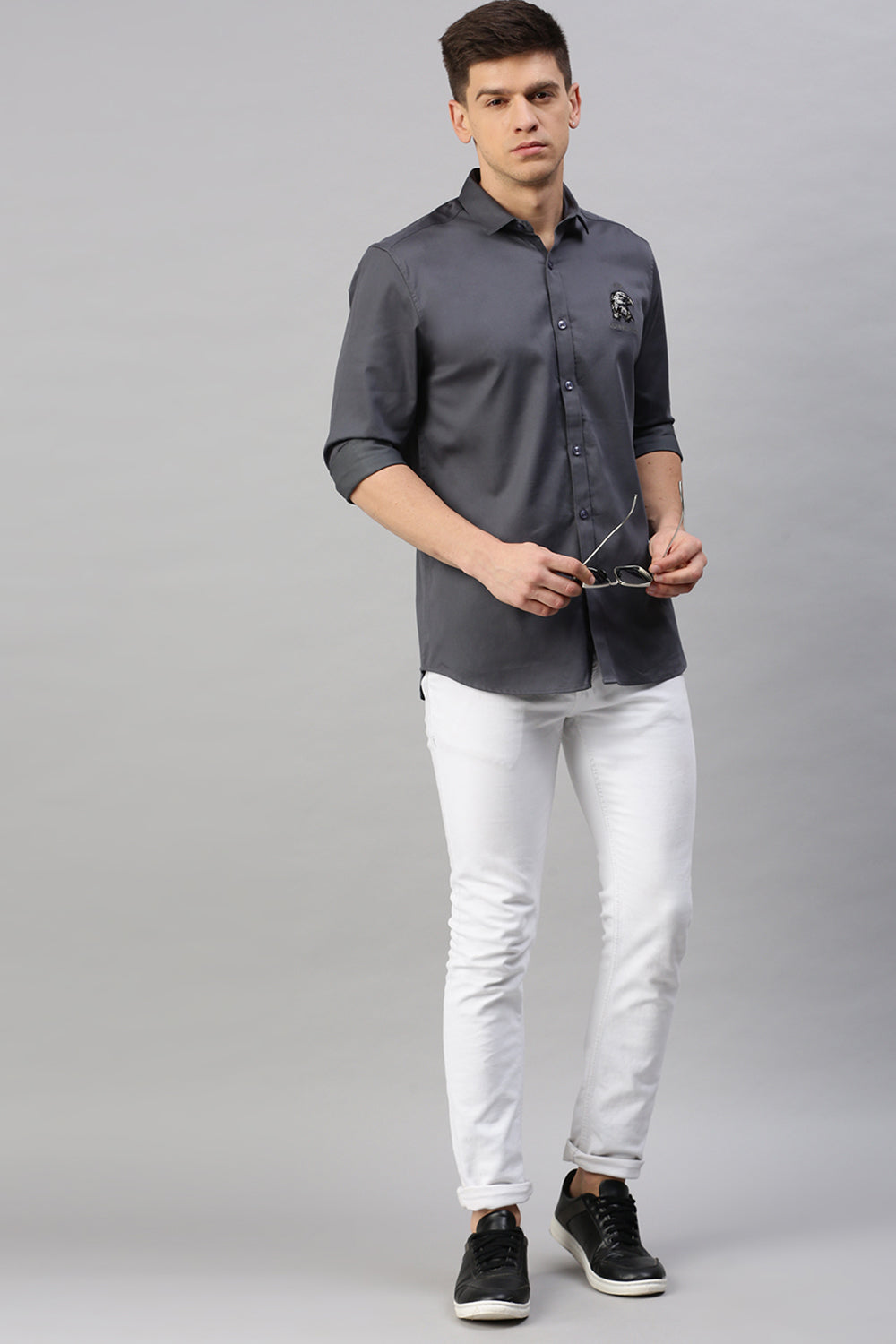 Classic Polo Men's Cotton Full Sleeve Solid Slim Fit Polo Neck Grey Color Woven Shirt | So1-38 C