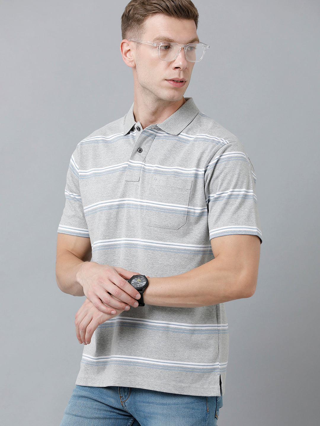 Classic Polo Men's Cotton Blend Half Sleeve Striped Authentic Fit Polo Neck Light Grey Color T-Shirt | Avon - 527 B