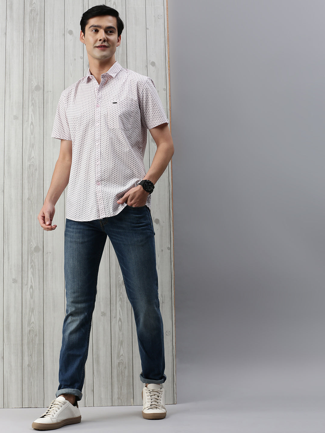 Classic Polo Men's Cotton Half Sleeve Printed Slim Fit Collar Neck Pink Color Woven Shirt | So1-147 A