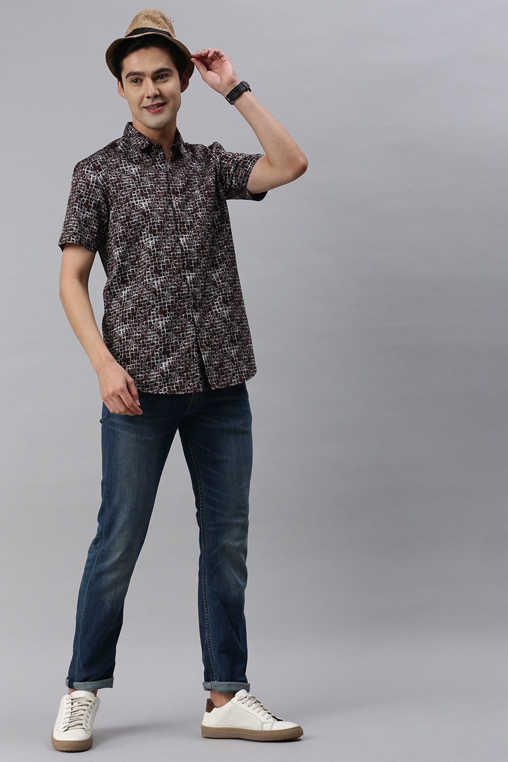 Classic Polo Men's Cotton Half Sleeve Printed Slim Fit Polo Neck Maroon Color Woven Shirt | So1-05 A