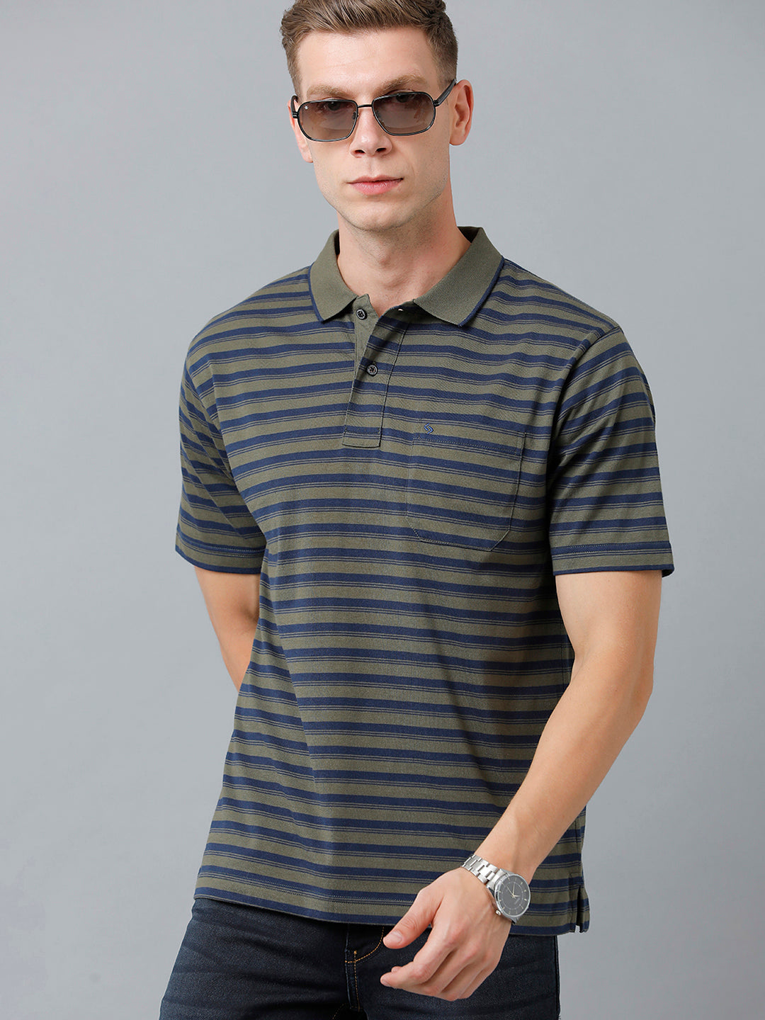 Classic Polo Men's Cotton Half Sleeve Striped Authentic Fit Polo Neck Olive Green Color T-Shirt | Feeders - 221 A