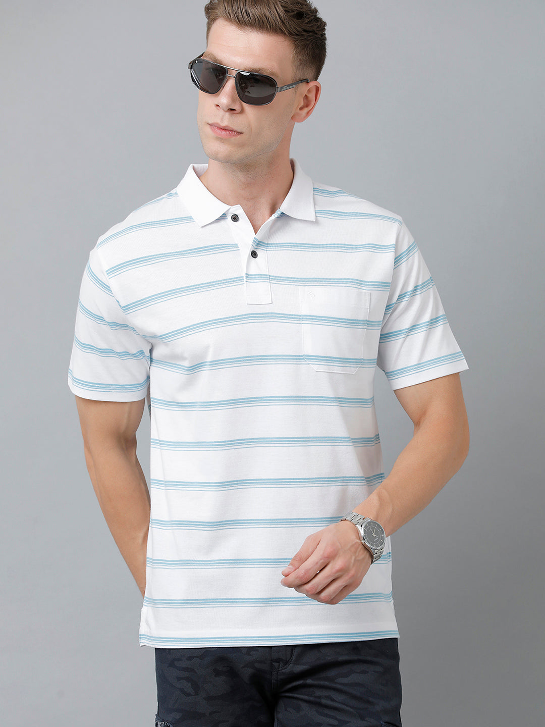 Classic Polo Men's Cotton Blend Half Sleeve Striped Authentic Fit Polo Neck White Color T-Shirt | Avon - 511 A