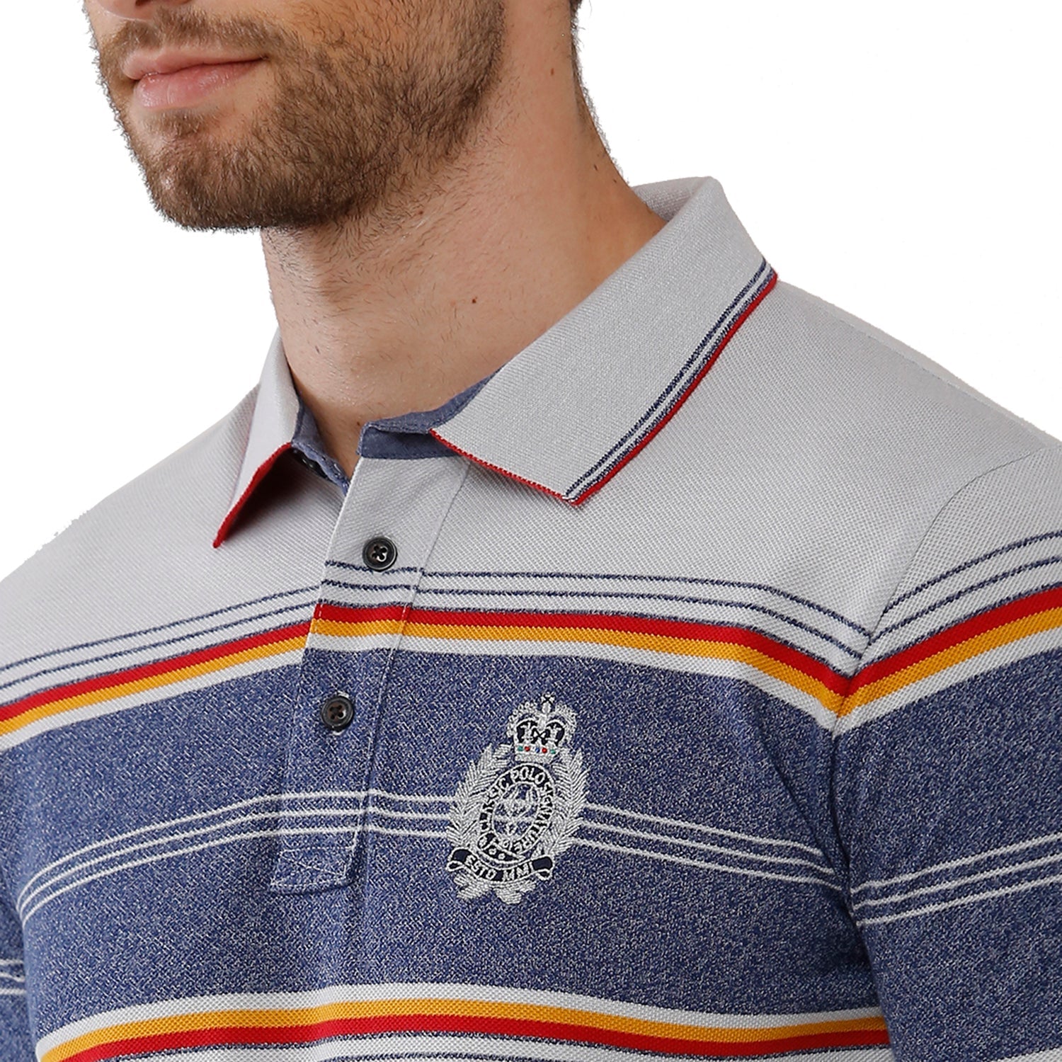 Classic Polo Mens 100% Cotton Multi Grey Stripped Slim Fit Polo Neck T-Shirt - VTA 189 A T-shirt Classic Polo 