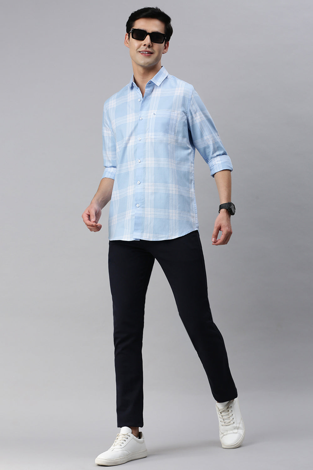 Classic Polo Men's Cotton Full Sleeve Checked Slim Fit Polo Neck Light Blue Color Woven Shirt | So1-46 A