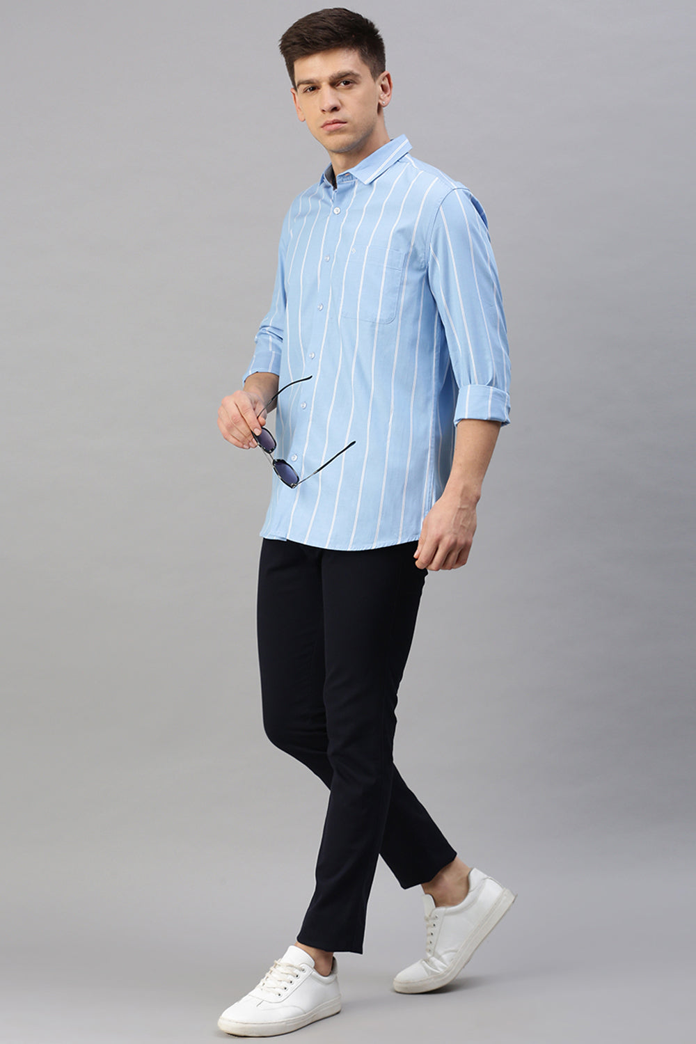 Classic Polo Men's Cotton Full Sleeve Striped Slim Fit Polo Neck Light Blue Color Woven Shirt | So1-39 B