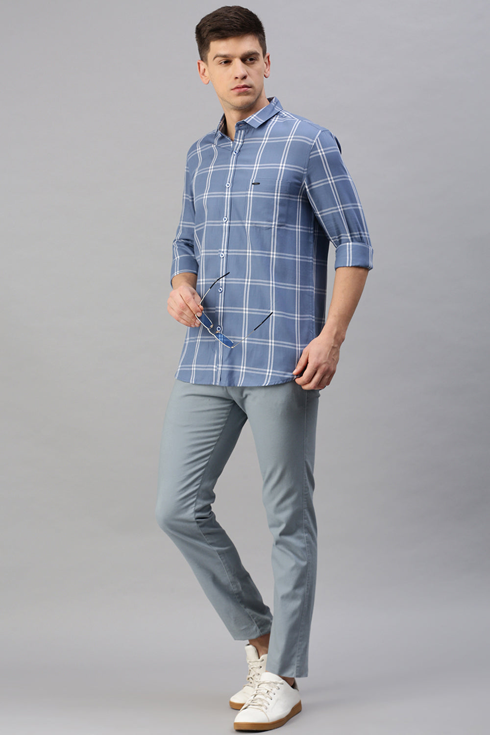 Classic Polo Men's Cotton Full Sleeve Checked Slim Fit Polo Neck Blue Color Woven Shirt | So1-122 A