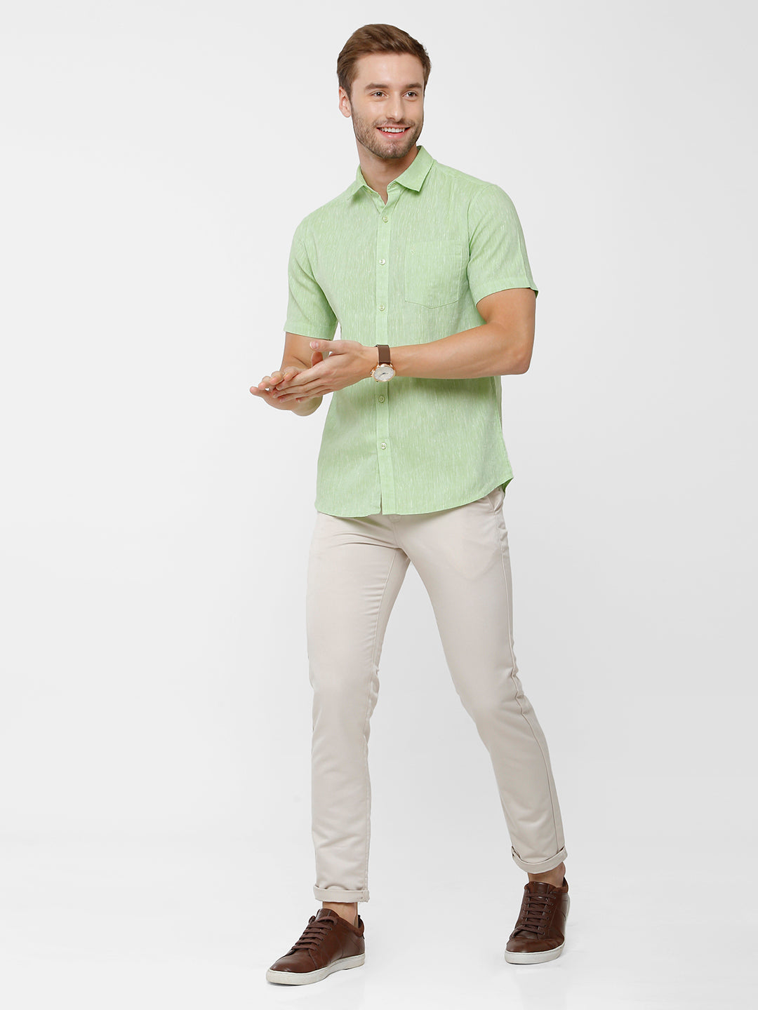 Classic Polo Mens Green Linen Cotton Woven Shirt - Porsh Green HS
