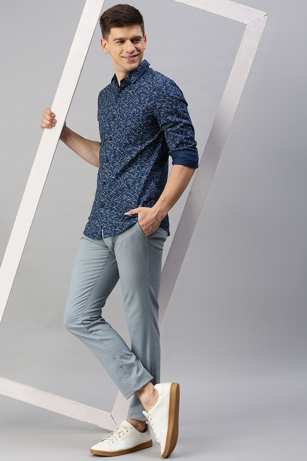 Classic Polo Men's Cotton Full Sleeve Printed Slim Fit Polo Neck Navy Color Woven Shirt | So1-01 A