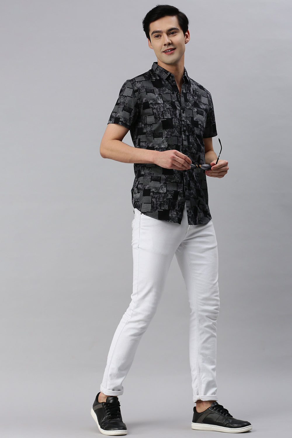 CP BRO Men's Cotton Full Sleeve Printed Slim Fit Polo Neck Black Color Woven Shirt | Sbo1-11 B