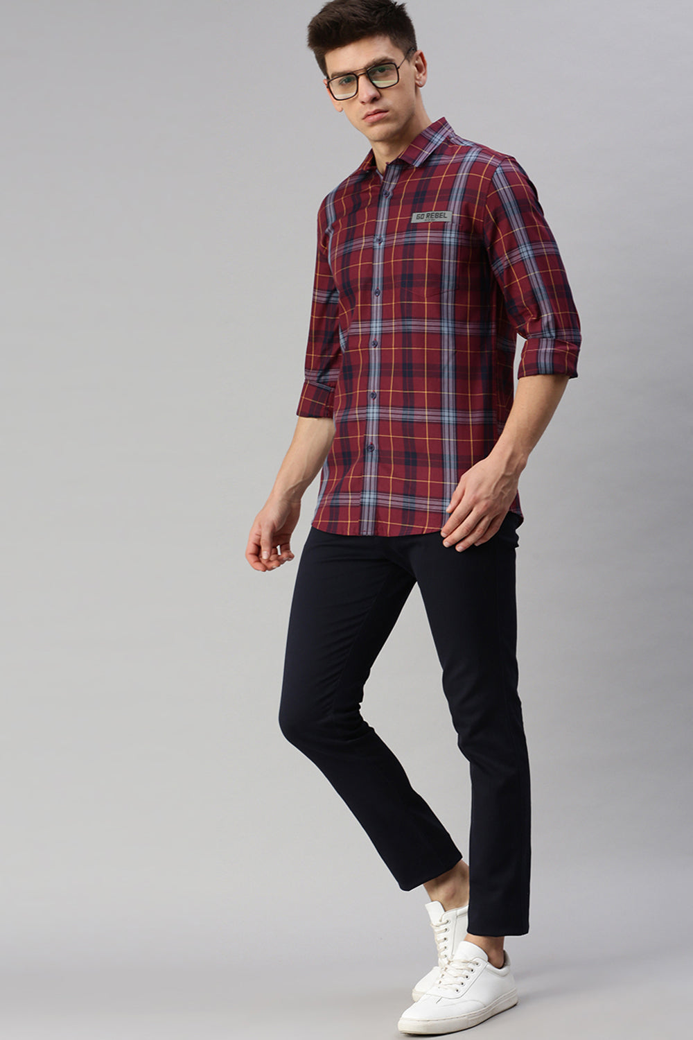 CP BRO Men's Cotton Full Sleeve Checked Slim Fit Collar Neck Maroon Color Woven Shirt | Sbo1-25 B