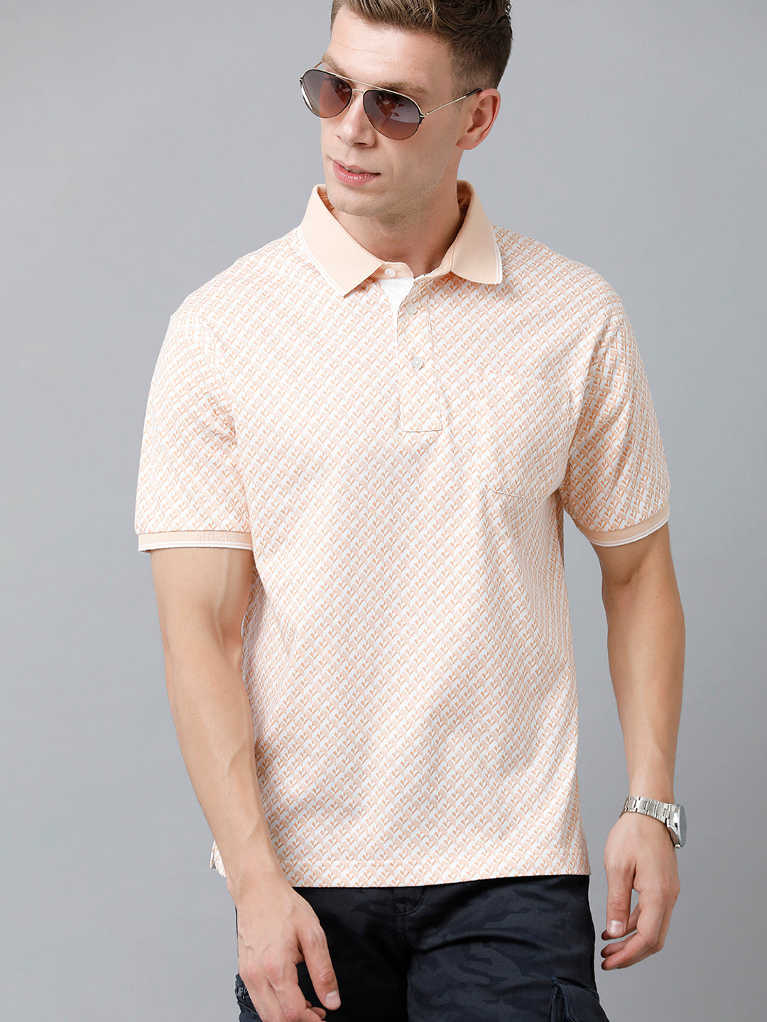 Classic Polo Men's Cotton Half Sleeve Printed Authentic Fit Polo Neck Peach Color T-Shirt | Carve Polo - 09 A