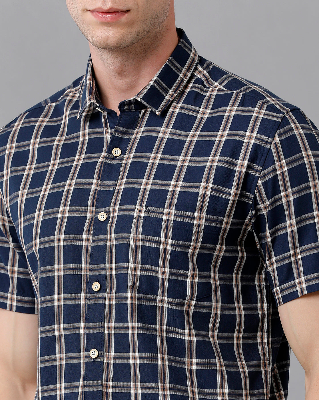 Classic Polo Men's Cotton Checked Half Sleeve Slim Fit Polo Neck Blue Color Woven Shirt | Sn2-116 B