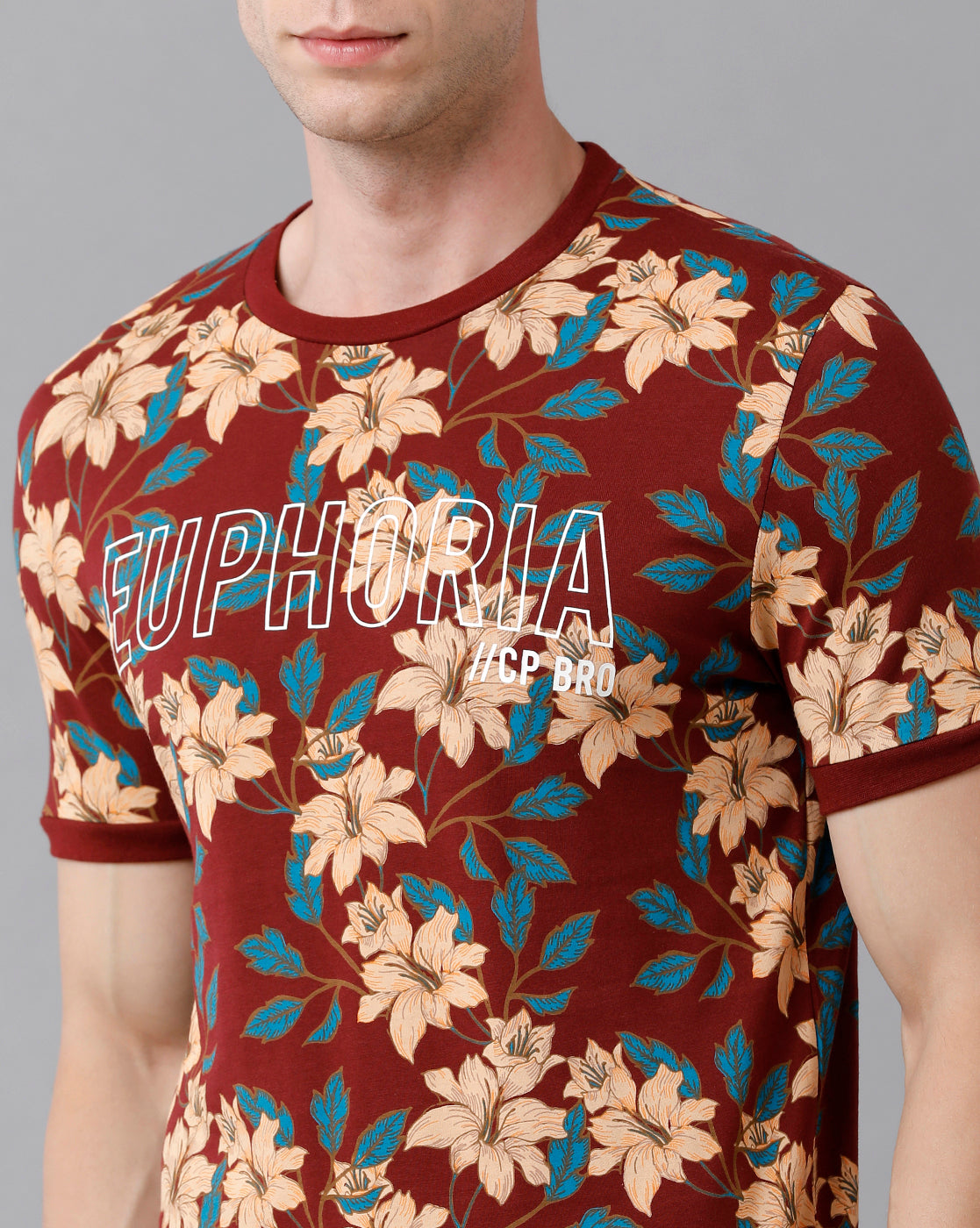 CP BRO Men's Cotton Floral Print Half Sleeve Slim Fit Round Neck Multicolor T-Shirt | Brcn - 492 B