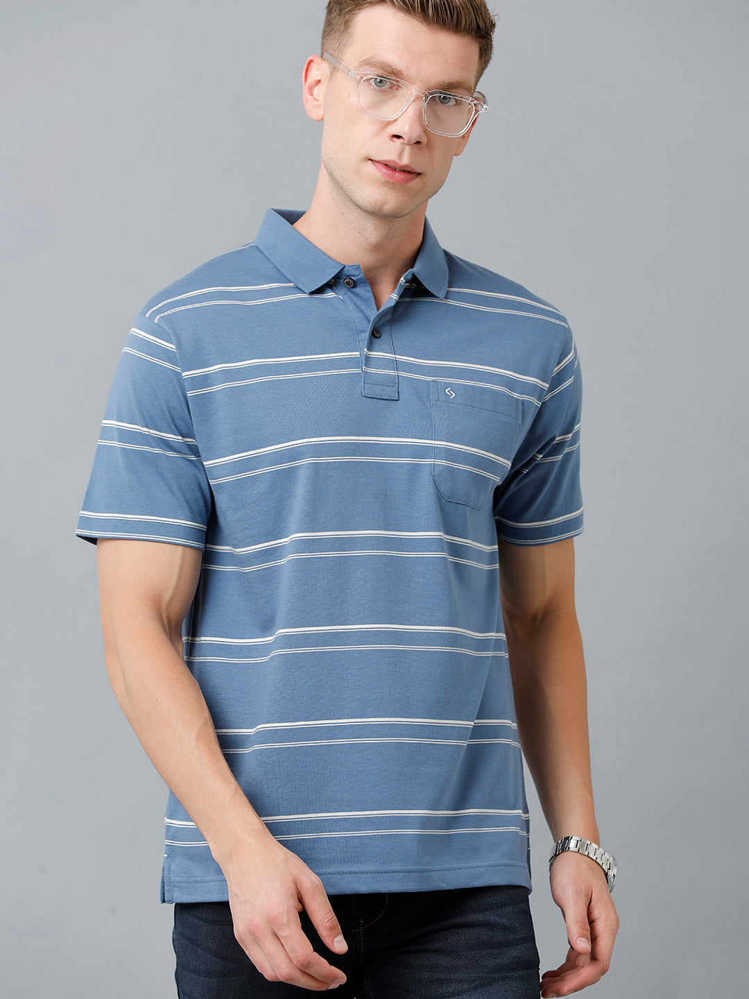 Classic Polo Men's Cotton Blend Half Sleeve Striped Authentic Fit Polo Neck Blue Color T-Shirt | Avon - 515 A