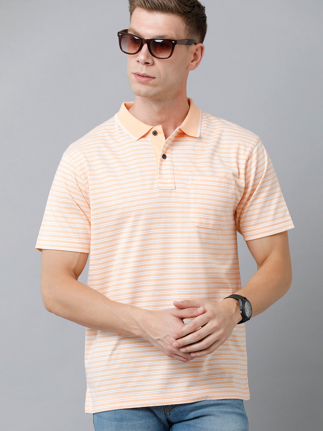 Classic Polo Men's Cotton Half Sleeve Striped Authentic Fit Polo Neck Peach Color T-Shirt | Feeders - 212 A
