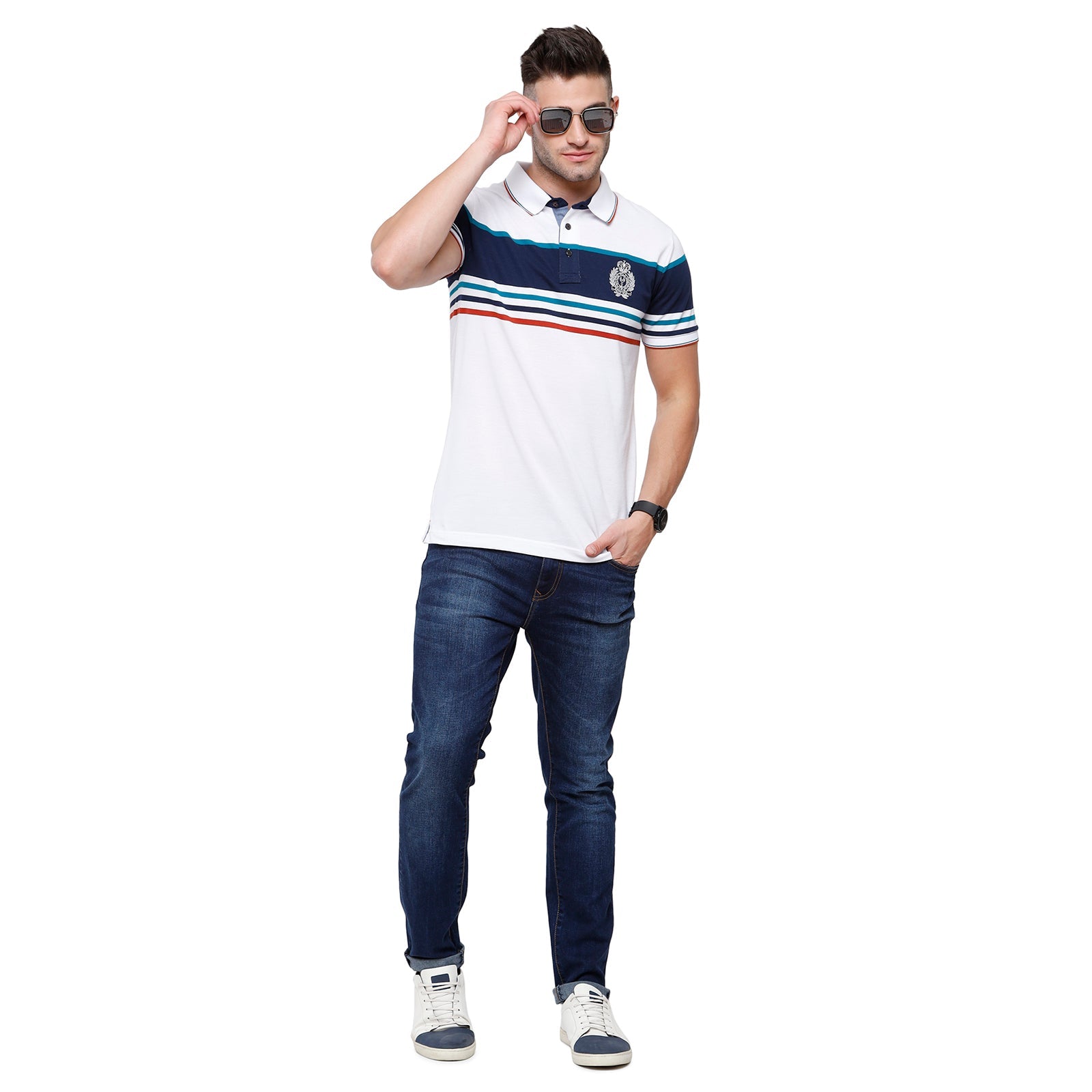 Classic Polo Mens White Stripped Half Sleeve Slim Fit Polo Neck T-Shirt - Vta -185 B T-shirt Classic Polo 