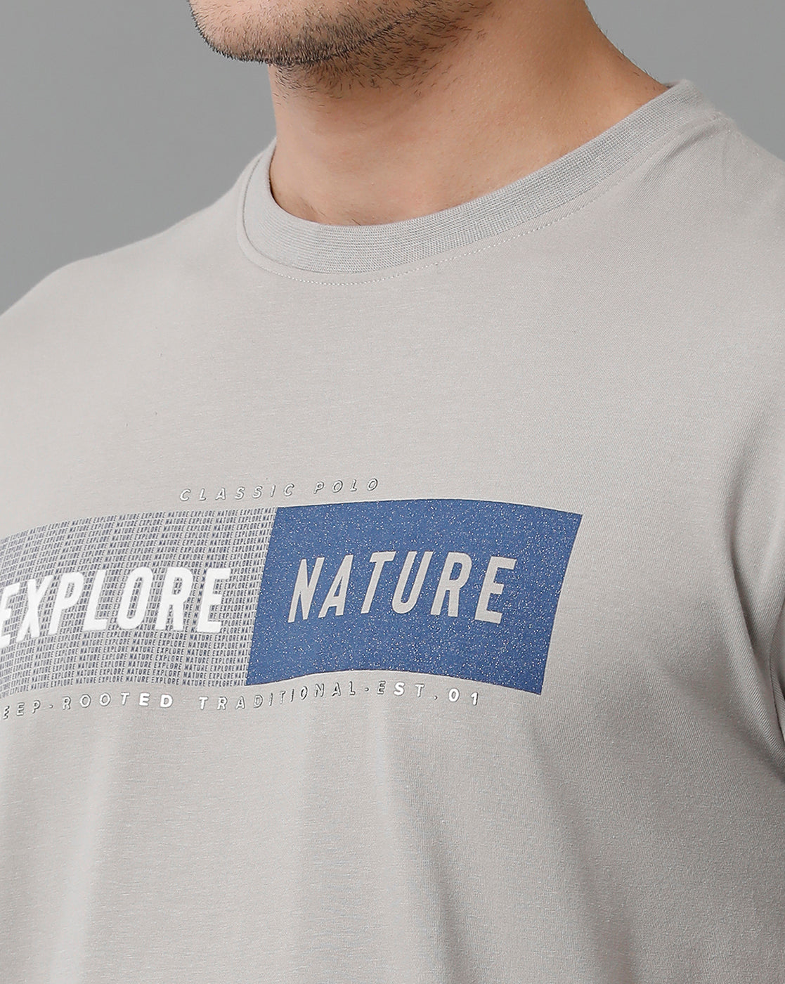 Classic Polo Men's Cotton Half Sleeve Printed Slim Fit Round Neck Grey Color T-Shirt | Baleno - 496 B