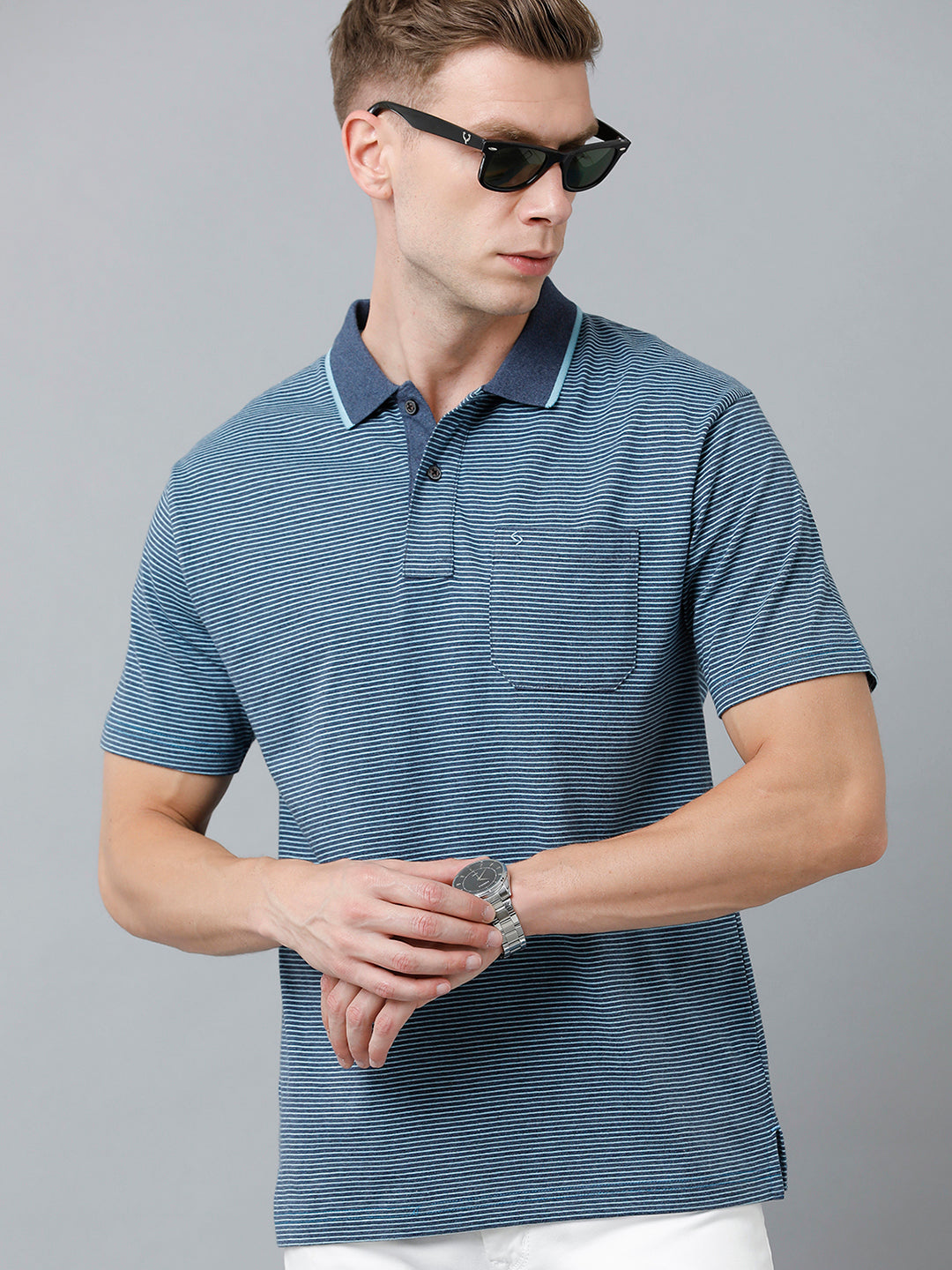 Classic Polo Men's Cotton Half Sleeve Striped Authentic Fit Polo Neck Navy Blue Color T-Shirt | Feeders - 222 A
