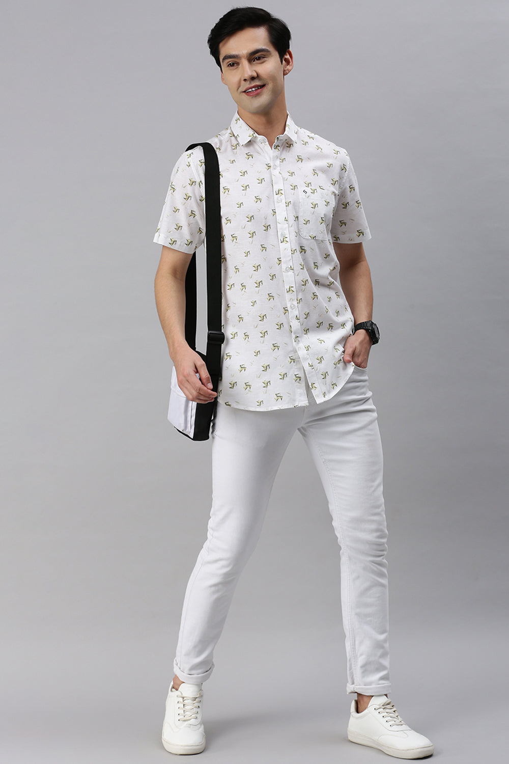 Classic Polo Men's Cotton Half Sleeve Printed Slim Fit Polo Neck White Color Woven Shirt | So1-15 B
